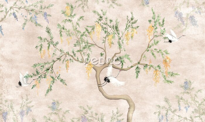 Fototapete Decorative flowering tree with flying cranes. Mural, Wallpaper for interior design.