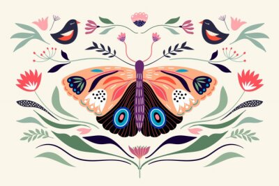 Decorative poster/banner/composition with floral elements, butterfly,different flowers and plants