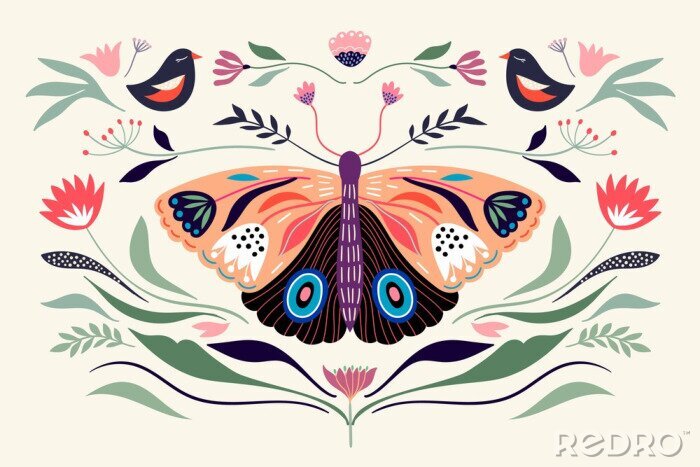 Fototapete Decorative poster/banner/composition with floral elements, butterfly,different flowers and plants