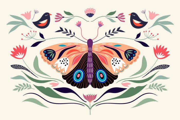 Fototapete Decorative poster/banner/composition with floral elements, butterfly,different flowers and plants