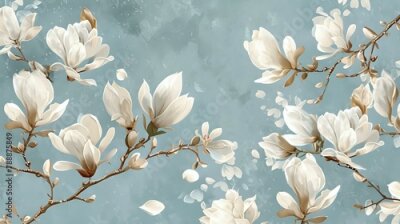 Fototapete Delicate vintage magnolia flowers on light blue background, perfect for floral pattern wallpaper