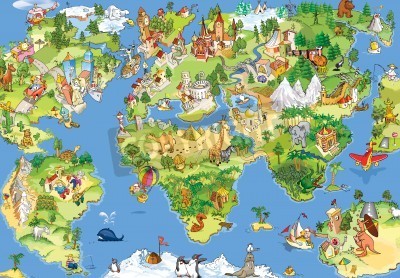Fototapete Denkmäler und Tiere auf der Weltkarte