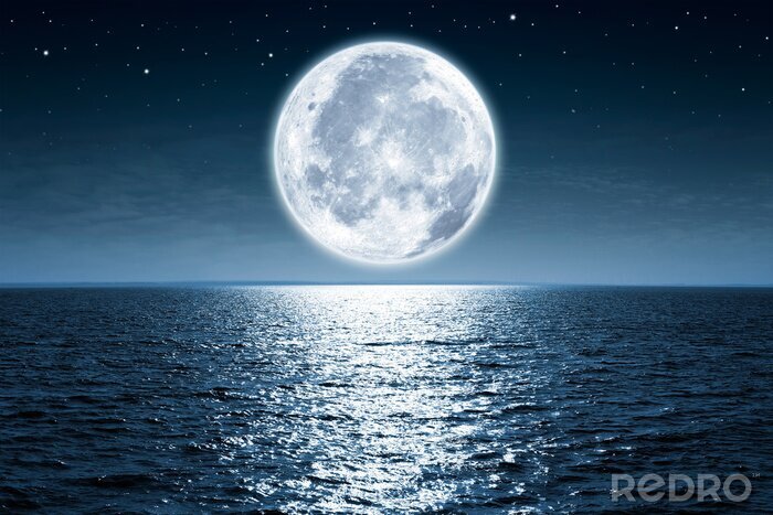 Fototapete Der beleuchtete Mond über dem marineblauen Meer