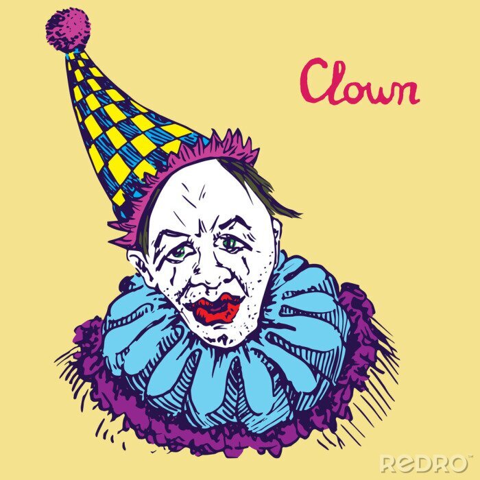 Fototapete Der Clown in lustigen hellen karierten Hut lächelnd, Hand gezeichnet doodle, helle Farben Skizze in Pop-Art-Stil, Vektor-Illustration