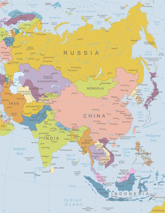 Fototapete Detaillierte Karte mit Asien