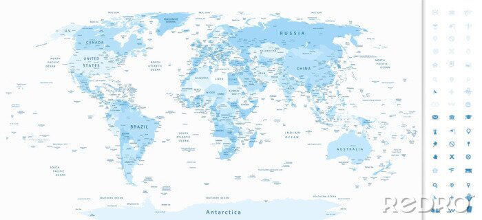 Fototapete Detaillierte Weltkarte in blauen  Farbtönen