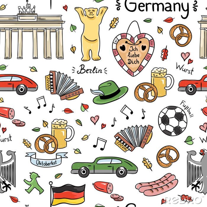 Fototapete Deutschland Symbole Vektor nahtlose Muster. Hintergrund mit süßen Hand gezeichnet Deutschland Elemente