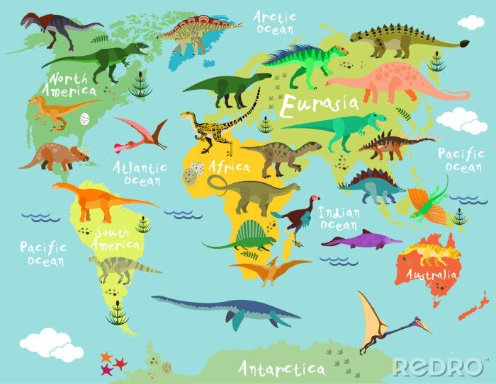 Fototapete Dinosaurier auf der Weltkarte