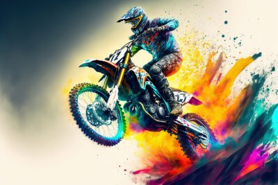 Fototapete Dirt bike rider doing a big jump. Supercross, motocross, high speed. Sport concept. Digital art