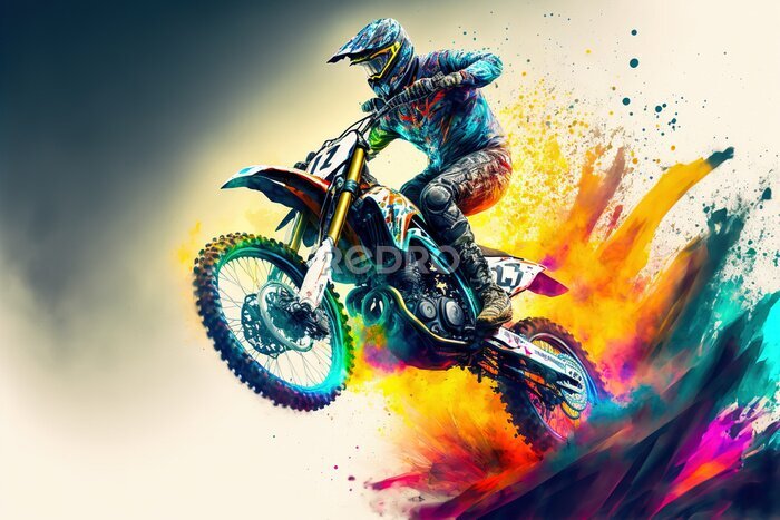 Fototapete Dirt bike rider doing a big jump. Supercross, motocross, high speed. Sport concept. Digital art