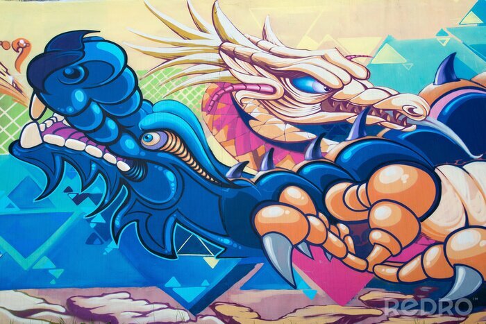 Fototapete Drachen auf Graffiti