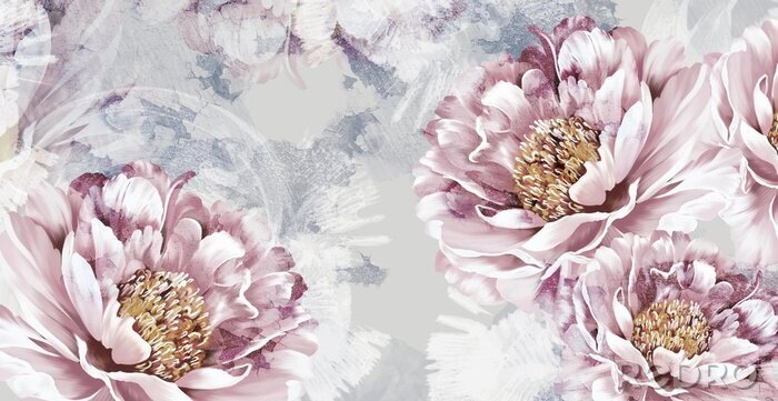 Fototapete Drawn art peonies on a textured background with imitation of paint and stains, wall murals in a room or home interior