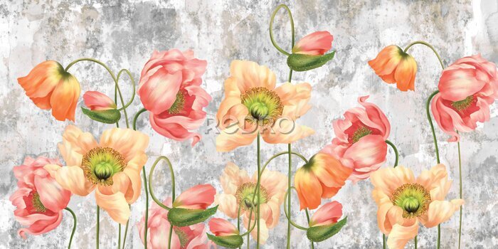 Fototapete 
drawn art poppies on a textured background, wall murals in a room or home interior