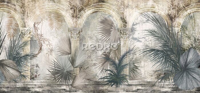 Fototapete Drawn tropical, exotic plants and leaves among the columns. Floral background for mural, wallpaper, photo wallpaper, postcard, card. Loft, modern, classic design.