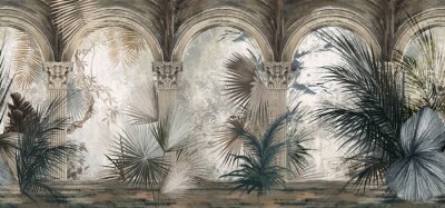 Fototapete Drawn tropical, exotic plants and leaves among the columns. Floral background for mural, wallpaper, photo wallpaper, postcard, card. Loft, modern, classic design.