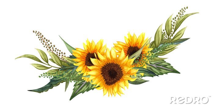 Fototapete Drei Sonnenblumen mit Blättern