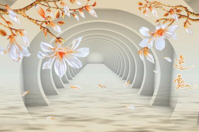 Fototapete Dreidimensionaler Tunnel mit fallenden Blütenblättern