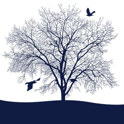 Fototapete Dunkelblauer Baum und Vögel