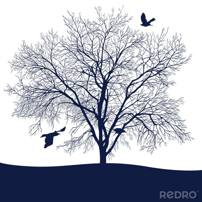 Fototapete Dunkelblauer Baum und Vögel