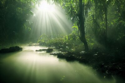 Fototapete Dunkelgrüner Wald in den Sonnenstrahlen