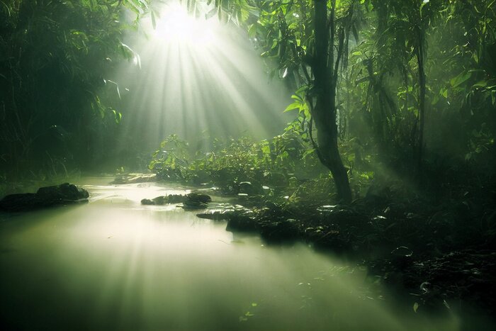 Fototapete Dunkelgrüner Wald in den Sonnenstrahlen