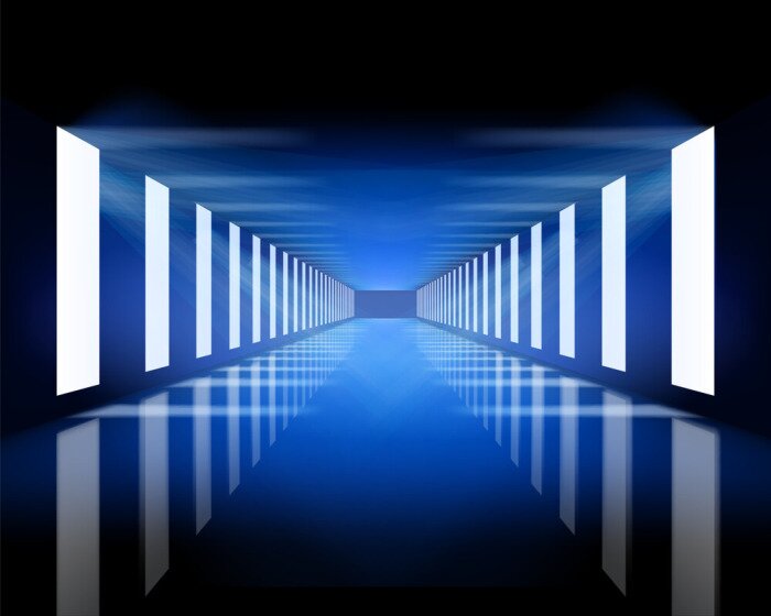 Fototapete Dunkler Tunnel in dunkelblauem Licht