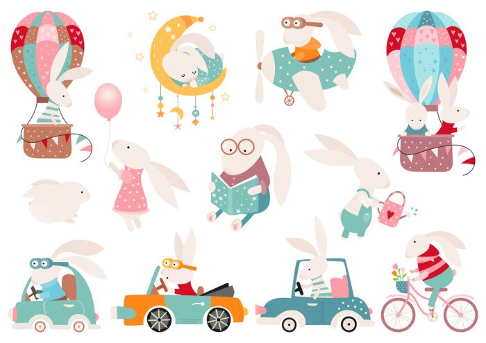 Fototapete Easter bunny clipart set, Easter rabbit collection, isolated elements on white. Vector illustration.