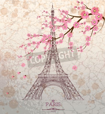 Fototapete Eiffelturm und blühender Kirschbaum