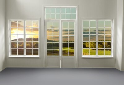 Fototapete Ein Blick auf eine Wiese bei Sonnenuntergang durch weiße Fenster