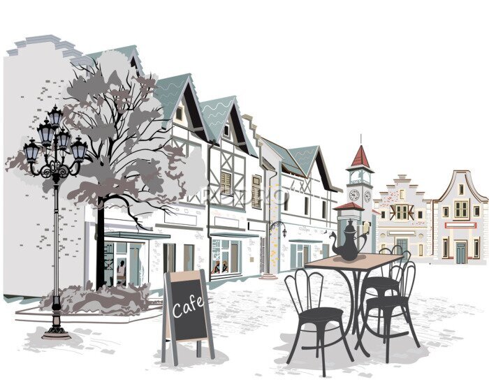 Fototapete Ein Café in der Altstadt im Aquarellstil