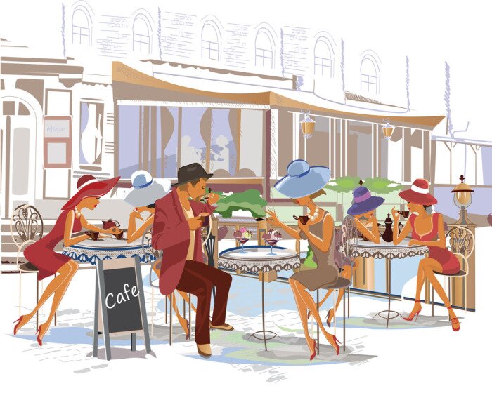 Fototapete Ein Café in der Altstadt im Aquarellstil