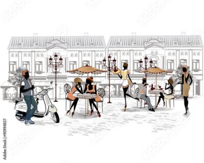 Fototapete Ein Café in der Altstadt im grafischen Stil