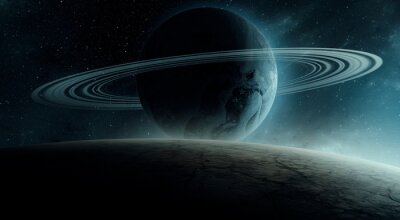 Ein dunkler Planet, umgeben von Ringen