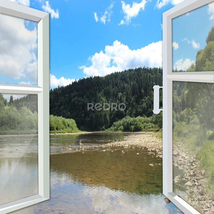 Fototapete Ein Fenster mit Blick auf Berge und einen Fluss