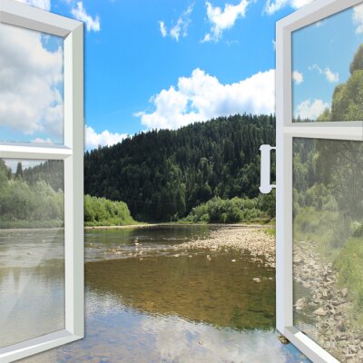 Fototapete Ein Fenster mit Blick auf Berge und einen Fluss