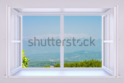 Fototapete Ein Fenster mit Blick auf eine Berglandschaft
