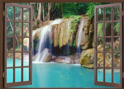 Fototapete Ein Fenster mit Blick auf einen tropischen Wasserfall