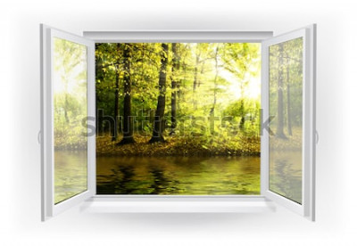 Fototapete Ein Fenster mit Blick auf Wasser und Wald