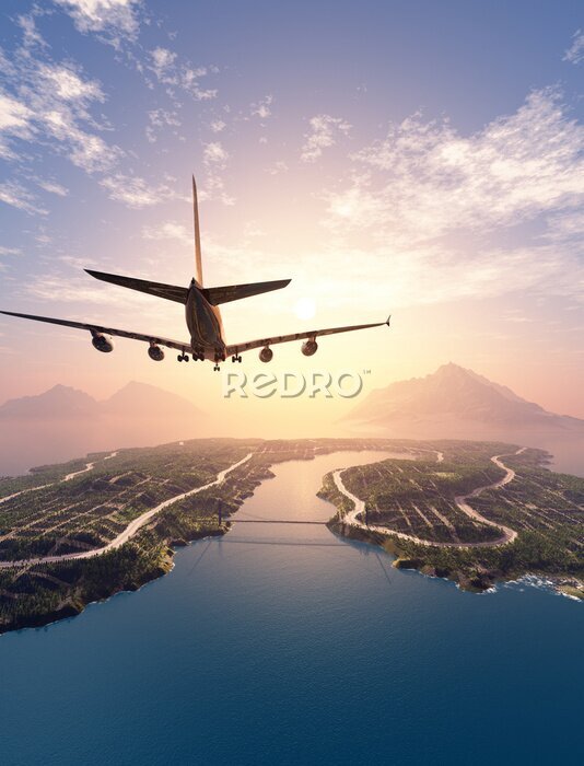 Fototapete Ein Flugzeug fliegt über eine Insel