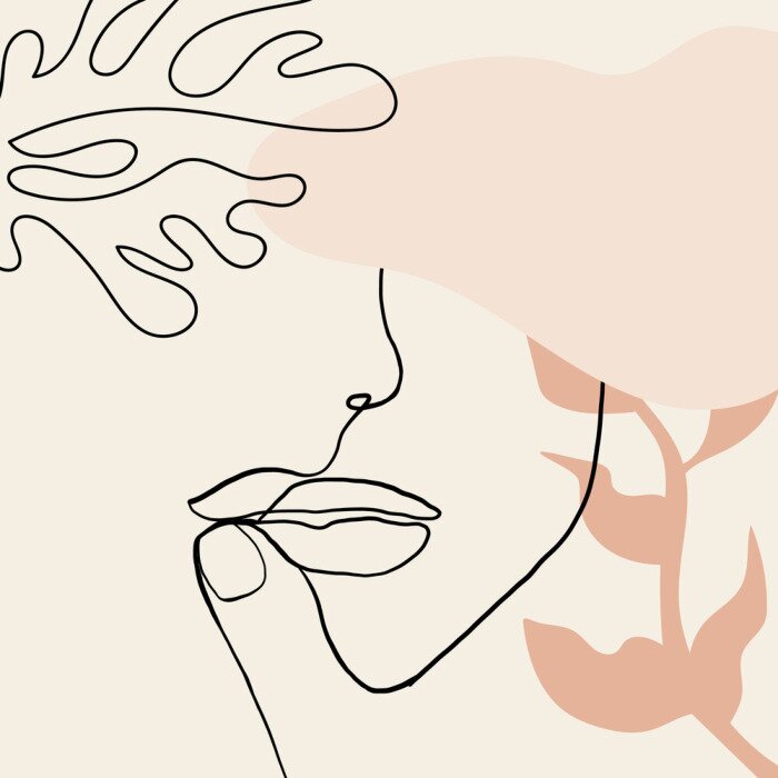 Fototapete Ein Frauenporträt im Line-Art-Stil mit rosa Motiven