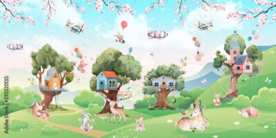 Fototapete Ein Märchenland mit Tieren und Baumhäusern