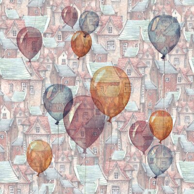 Fototapete Ein nahtloses Muster mit einer Aquarellillustration von Ballonen und von einer alten Stadt auf dem Hintergrund. Dächer, europäische Backsteinhäuser und fliegende Ballons - romantisches Märchen.