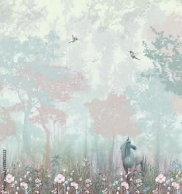 Fototapete Ein Pferd auf einer Wiese mit abstrakten Bäumen im Hintergrund