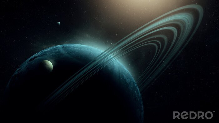 Fototapete Ein Planet mit Ringen, die das Licht reflektieren