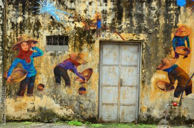 Fototapete Ein Wandgemälde an einem alten Gebäude in Malaysia