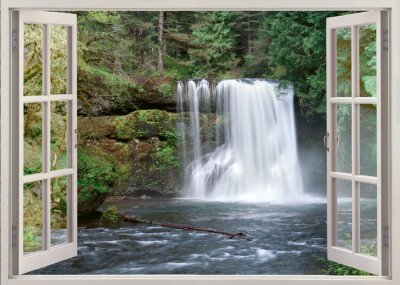 Fototapete Ein Wasserfall im Wald vom Fenster aus gesehen