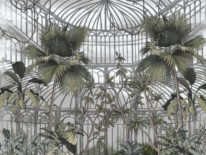 Fototapete Ein wilder Garten in einem Gewächshaus