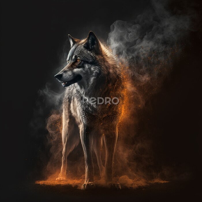 Fototapete Ein Wolf in einer Rauchwolke auf schwarzem Hintergrund