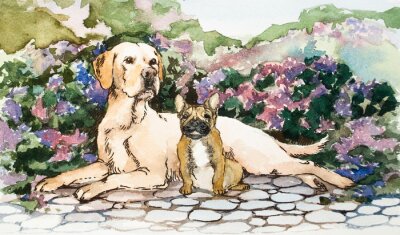 Fototapete Eine ausführliche Handzeichnung auf Papier. Helle Farben und helle Farben. Blühender Blumenhintergrund. Aquarell-Konzept. Tierisches Konzept