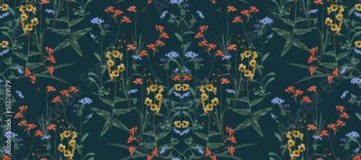 Fototapete Eine dunkelgrüne Wiese mit kleinen bunten Pflanzen